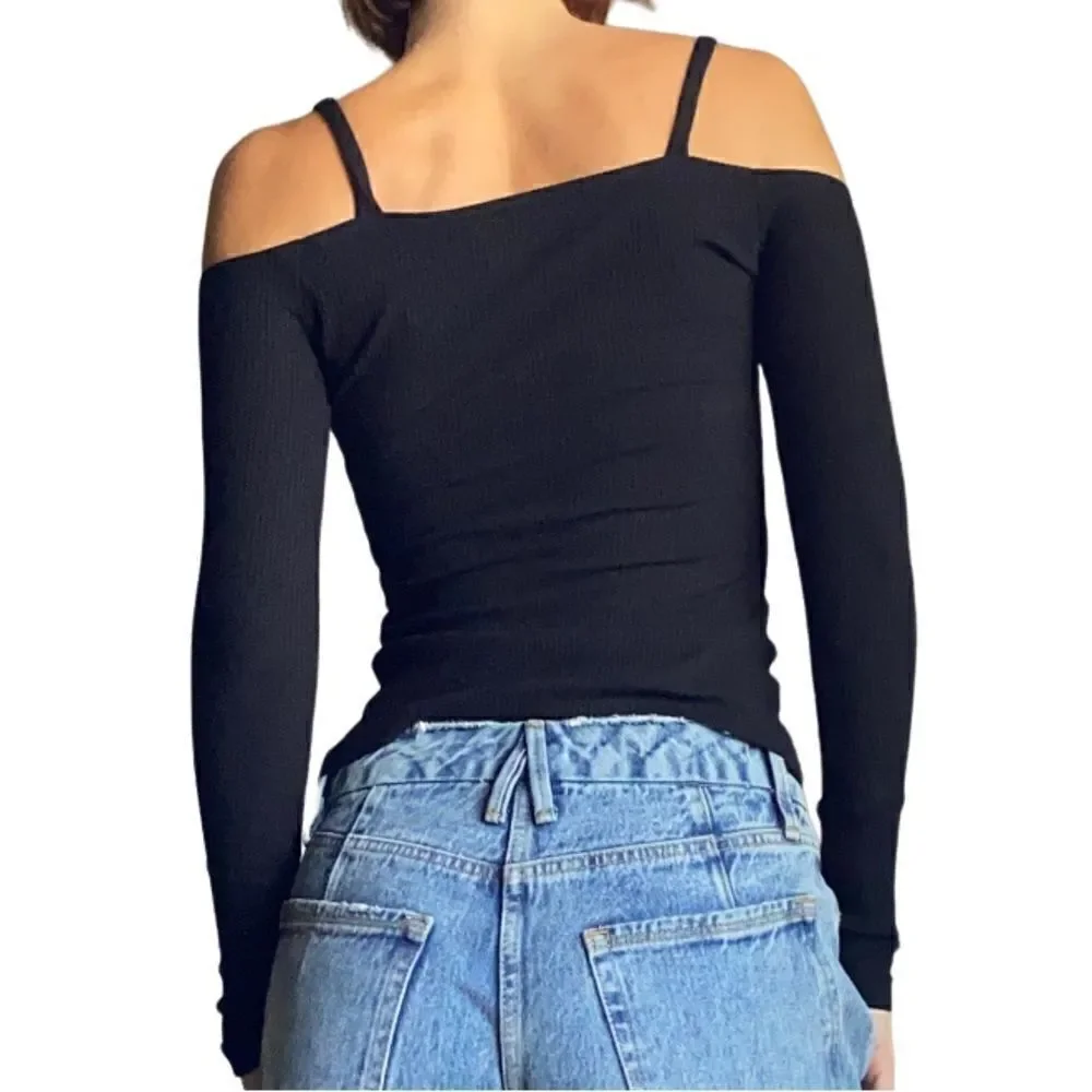 Reformation Black Crop Top Stretch Ribbed Size S
